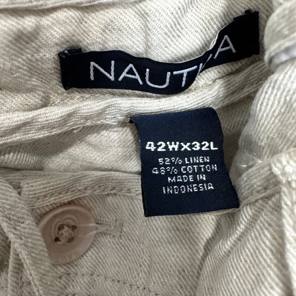 Nautica Size 42Wx32 L Beige Linen blend flat front Pants Drawstring Beach Preppy